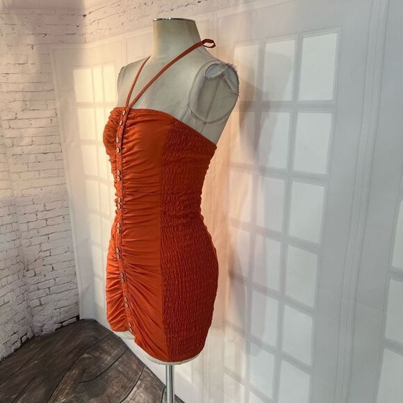FREE PEOPLE WOMEN'S HOLD ON burnt orange smocked MINI DRESS size xs - Picture 5 of 12